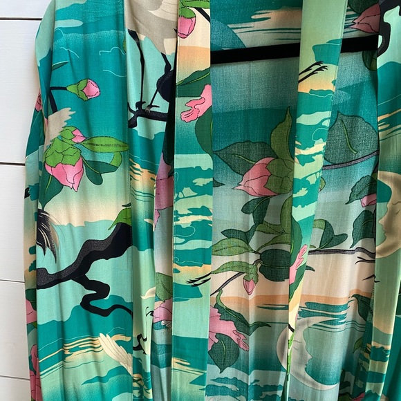 Turquoise Bohemian Crane Floral Kimono Robe - Picture 10 of 12